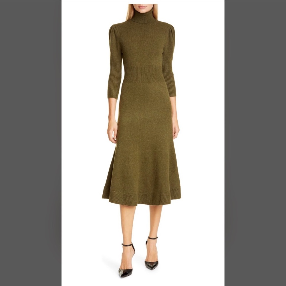 MICHAEL KORS COLLECTION Cashmere Puff-Sleeve Turtleneck Dress, Olive, Size L